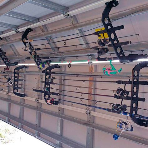 Fishing Pole Storage, Ceiling Storage Rack, Fishing Rod Storage, Garage Storage Racks, Ultimate Garage, Garage Organization Diy, Ceiling Storage, Storage Products, Garden Tool Storage