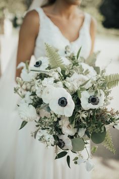 black and white anemones, roses, ferns, veronica white flower, and seeded eucalyptus #weddings #weddingflowers #weddingideas #wedding #himisspuff #bouquets #flowers Veronica White Flower, Protea Wedding, Small Wedding Bouquets, Wedding Flower Trends, Winter Wedding Bouquet, Blue Wedding Bouquet, Silk Wedding Bouquets, White Anemone, Gladioli