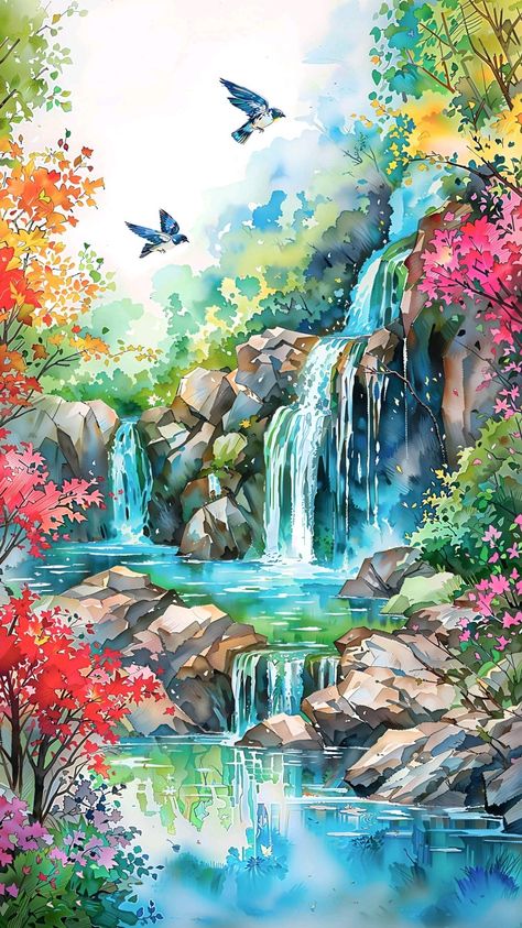 Couples Canvas Painting, Canvas Art Painting Acrylic, Watercolor Scenery, Waterfall Paintings, Watercolor Paintings Nature, Landscape Painting Tutorial, Painting Ideas For Beginners, Pastel Landscape, Scenery Paintings