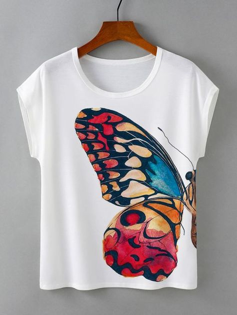 Tshirt Painting Ideas Creative For Women, Tshirt Printing Business, Painted Shirt, Printed Tee Women, Tshirt Painting, Paint Shirts, T Shirt Painting, Exercise Routines, Butterfly Shirts