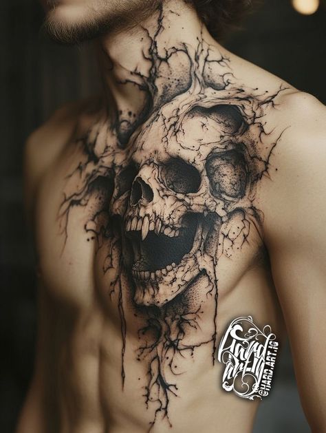 #skulltattoo #chestatttoo #blackandgreytattoo #darkart #realistictattoo #skullart #darktattoo #inkinspiration #abstracttattoo #boldtattoo #menwithtattoos Skull On Chest Tattoo, Black Rose And Skull Tattoo, Women Center Chest Tattoo, Dark Tattoo Sleeve Men, Thigh Portrait Tattoo, Hip Tattoos For Men, Dark Tattoo Cover Up Ideas For Men, Scary Tattoos For Men, Skull Tattoo Chest