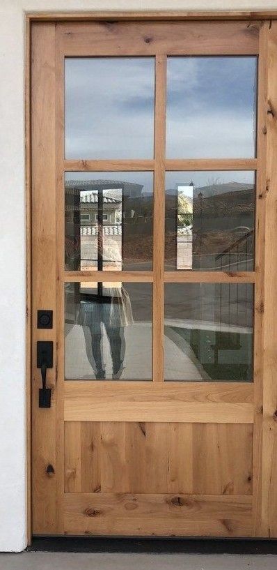 French Front Doors Farmhouse, Brown Farmhouse Door, Single Front Door Ideas Farmhouse, Wood Front Doors Entrance, Wood Front Door With Glass Panel, Garage Entry Door Farmhouse, Single Farmhouse Front Door, Barndominium Single Front Door, Glass Front Door Single