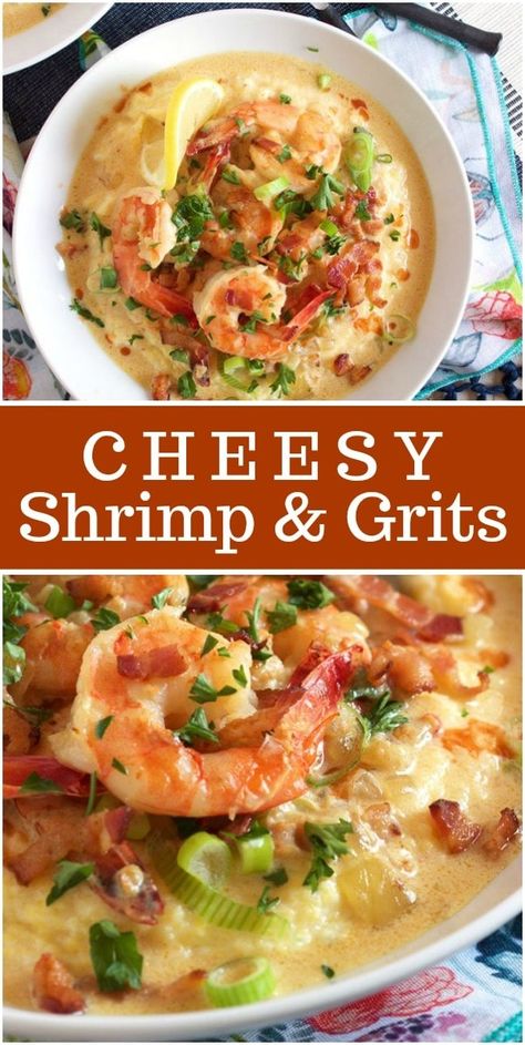 Cheesy Shrimp and Grits recipe from RecipeGirl.com #shrimp #grits #recipe #RecipeGirl Cheesy Shrimp And Grits Recipe, Best Shrimp And Grits Recipe, Cheesy Shrimp And Grits, Shrimp Grits Recipe, Cheesy Shrimp, Shrimp N Grits Recipe, Classic Southern Recipes, Resep Seafood, Creamy Shrimp