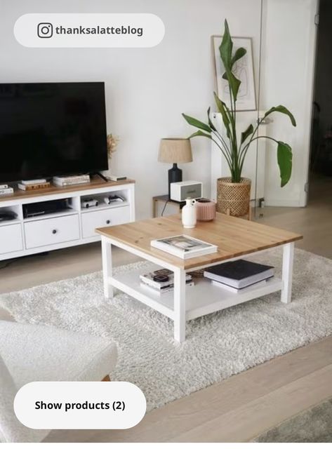 Ikea Hemnes Living Room, Ikea Coffee Table, Tv Bank, White Furniture Living Room, Tv Bench, Ikea Living Room, White Stain, White Rooms, Living Room Diy