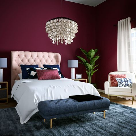 Jewel Tone Bedroom White Walls, Burgundy Bedroom Ideas, Romantic Bedroom Colors, Jewel Tone Bedroom, Burgundy Bedroom, Dramatic Bedroom, Bedroom Color Combination, Feminine Bedroom, Bed Design Modern