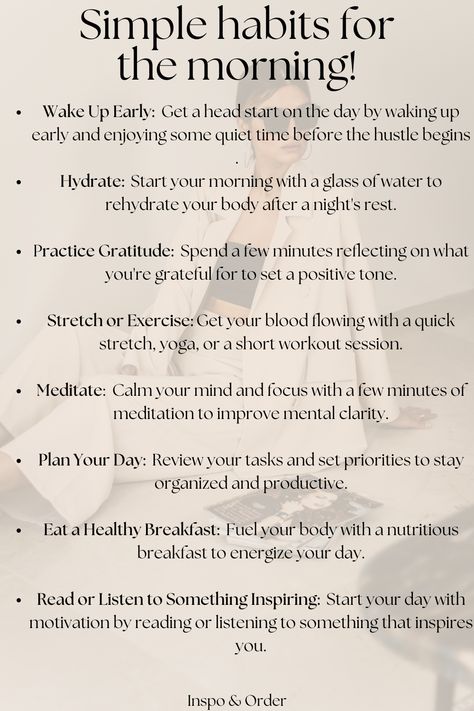 🌅 Transform Your Life with These Morning Habits! 🌟 Kickstart your day with a routine that boosts productivity, enhances mental clarity, and sets a positive tone for everything ahead. From early rising to mindful meditation, these habits will help you stay organized, focused, and energized all day long. Ready to embrace a healthier, happier lifestyle? 💪✨ #MorningRoutine #ProductivityTips #HealthyHabits #StartYourDayRight #LifeImprovement Morning Routine Productive Motivation, Morning Routines Aesthetic, Early Morning Routine Aesthetic, Early Mornings Aesthetic, Spiritual Morning Routine, Early Morning Routine, Morning Routine Productive, Mindful Meditation, Productive Morning