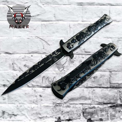 Here at the VuMaker, create masterpieces For more great holiday apparel, please visit our shop: https://www.etsy.com/shop/VuMaker Black Rose Engraved Fantasy Stiletto Knife 9" Spring Assisted Folding Knife for Hunting, Gift for Father, Boyfriend, Christmas - VuMaker-892 Handle Detail: 5" Black Titanium Coated Stainless Steel Handle with 3D Rose Engraving. Blade Detail: 4" Black Titanium Coated Stainless Steel Needle Point Blade with Rose Engraving.. Overall: 9 inches Spring Assisted Open Blade F Cool Custom Knifes, Fantasy Knife, Rose Engraving, Fantasy Dagger, Knife Aesthetic, Stiletto Knife, Cool Pocket Knives, Boyfriend Christmas, Pretty Knives