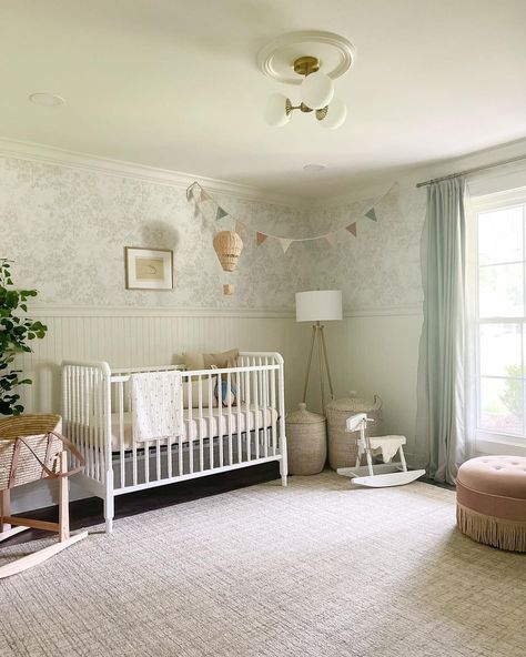 Angled Ceiling Nursery, Cottage Inspired Nursery, Studio Mcgee Nursery Ideas, Nursery Wainscotting, Classic Baby Nursery, French Nursery Room Inspiration, Nursery Beadboard, Nantucket Nursery, Traditional Nursery Ideas