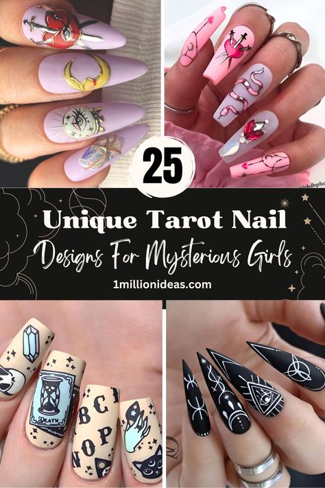 Witchy Nail Art Short Nails, Tarot Card Nail Design, Metaphysical Nail Designs, Nail Designs Spiritual, Nails Acrylic Witchy, Spiritual Nails Designs Acrylic, Tarot Nails Acrylic, Tarot Nails Art, Mystical Nail Art