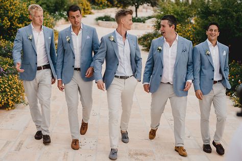 Grooms Suit Beach Wedding, Groomsmen Attire 2023, Men Suit Beach Wedding, Blue And Tan Suit Wedding, Summer Beach Wedding Groomsmen, Groomsmen No Tie With Jacket, Best Man Suits Groomsmen, Mens Suits Wedding Blue, Wedding Suits Men Beach