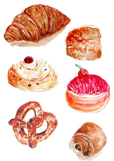 print of original watercolour painting of pastries by Lauren young , printed a4 on 300gsm watercolour paper Food Journals, Lauren Young, Baking Items, Watercolor Food, Fruit Wallpaper, French Pastries, Art Drawings Sketches Creative, Watercolour Paper, Food Obsession