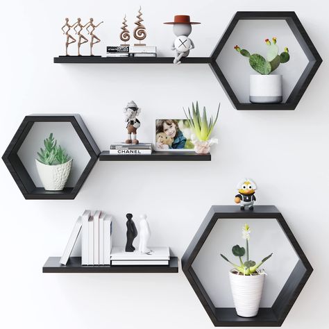 Hexagon Shelf Decor, Porch Vibes, Wood Hexagon, Honeycomb Shelves, Shelf Decor Living Room, Hexagon Shelves, Black Pine, Diy Backsplash, Wall Shelf Decor