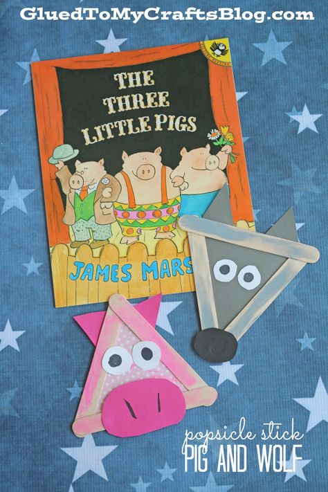 Popsicle Stick Three Little Pigs and Wolf - Kid Craft Fairy Tales Preschool, 3 Pigs, Wolf Craft, Fairy Tale Activities, Fairy Tale Crafts, Wolf Kids, The Three Little Pigs, Fairy Tale Theme, Fairytale Nursery