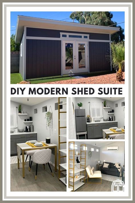 This cozy modern backyard suite shed is a creative way to add extra living space to your home. Design a studio that can serve as a modern home office, backyard retreat, guest suite, and more. When you need extra space for outdoor living and backyard entertaining ideas, check out this modern shed suite. Finished out with some DIY shed design touches, this modern studio is a beautiful backyard addition. If you love modern design, take a look at this modern studio shed suite. Small Backyard Studio, Shed Outdoor Living Space, Diy Backyard Studio, Diy Backyard Guest House, Outside Studio Ideas, Shed With Kitchenette, Diy Studio Shed, Tiny Guest House Shed, Shed Apartment Ideas