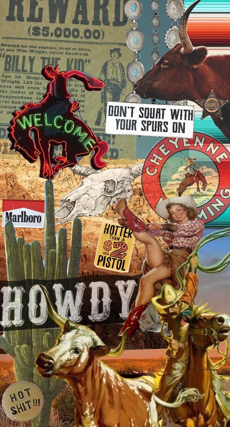 I wanna be a cowboy babyyyy Vintage Western Party, Western Collage, Cowboy Wallpaper, Cowboy Town, Western Aesthetic Wallpaper, Graphic Collage, Hair Content, Cowboy Theme Party, Phone Wallpapers Vintage