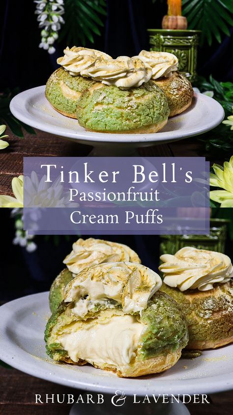 Celebrate the magical and mischievous Tinker Bell with delicate passionfruit cream puffs! Inspired by Tinker Bell's passionate, and sometimes spiteful, nature these cream puffs are flavoured with passionfruit, bringing out the sweet tropical flavours of Neverland. Each cream puff is topped with green crisp craquelin and sprinkled with fairy dust. Perfect for a Peter Pan or Disney themed party! Fairy Tale Recipes, Fairy Tale Desserts, Magical Food Ideas, Bridgerton Food Recipes, Fairy Themed Food, Fairy Desserts, Unique Baking Recipes, Bridgerton Food, Cute Dessert Recipes