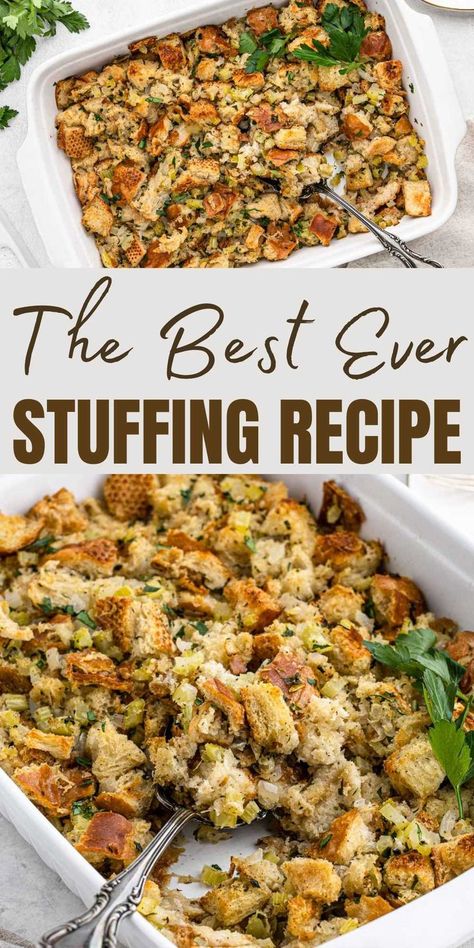 Learn how to make this Easy Stuffing Recipe and never buy the boxed stuff again. Homemade stuffing is much better and actually very simple. You will be amazed at how much flavor this stuffing has. This amazing side dish is a perfect addition to your Thanksgiving Dinner. #eatingonadime #easystuffing #thanksgivingrecipes Stuffing Recipes Videos, Stuffing Recipes Easy, Easy Stuffing Recipe Thanksgiving, Pineapple Stuffing Recipe, Traditional Thanksgiving Stuffing Recipe, Homemade Turkey Stuffing, Pineapple Stuffing, Supper Casseroles, Traditional Stuffing Recipe