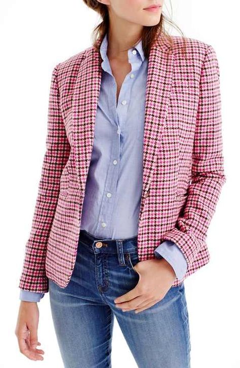 Pink Plaid Blazer, Mode Style Anglais, Pink Houndstooth, Checkered Blazer, Business Casual Blazer, Blazer Bleu, Work Blazer, Blazer Outfit, Blazer Jeans