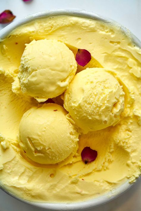 Persian ice cream, bastani, is saffron and rose flavored heaven. This recipe has the perfect balance of saffron and rose. #persian #icecream #saffron #rose Persian Ice Cream, Persian Desserts, Rose Ice Cream, Saffron Recipes, Entertaining Food, Gelato Recipe, Rose Flavored, Homemade Ice Cream Recipes, Sorbet Recipes