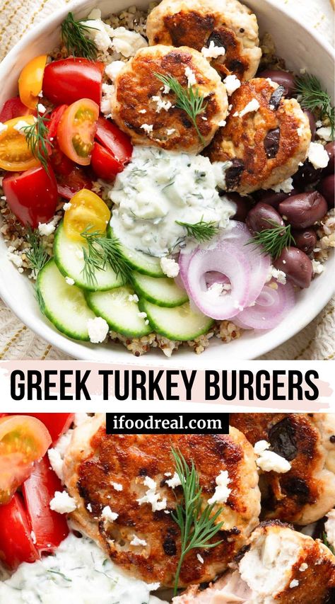 These healthy Greek Turkey Burgers are juicy, packed with flavor and protein, and ready in just 30 minutes! Enjoy them over salads or in a bun. Turkey Greek Bowl, Mediterranean Diet Turkey Recipes, Greek Burger Bowl, Greek Burgers Turkey, Turkey Burger Bowls Recipe, Mediterranean Turkey Burgers, High Protein Turkey Recipes, Greek Turkey Bowls, Mediterranean Burger Bowl