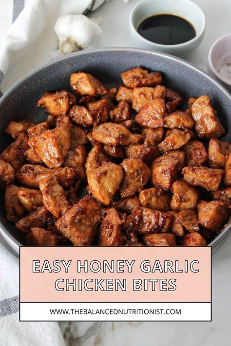 Try this honey garlic chicken for an easy chicken dinner. The chicken bites are marinated in a marinade that's both flavorful and sticky, creating a perfect balance of taste. This honey chicken recipe makes the chicken tender, juicy, and irresistible. These bites are simple to make and sure to impress. Meal Idea List, Honey Garlic Marinade, Honey Garlic Chicken Bites, Chicken With Soy Sauce, Garlic Chicken Bites, Garlic Chicken Marinade, Easy Honey Garlic Chicken, Chicken Cubes, Honey Chicken Recipe