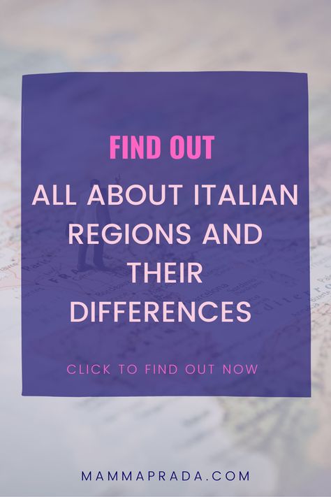 All about Italian regions and their differences - ITALY is written in pink on a navy blue background. Behind this is a very feint photo of a map Italian Farm, Aosta Valley, Stone Town, Regions Of Italy, Quaint Village, Adriatic Sea, Visit Italy, Medieval Town, Love Travel