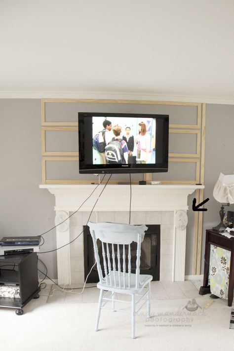 the outside slat placement had to be big enough to accommodate the cords and still be able to be covered by the top slat so we ended up notching out the piece of slat that covered the track so we could get the design closer to the existing fireplace Hide Tv Cords, Fireplace Molding, Tv Above Fireplace, Hide Tv, Above Fireplace, Tv Cords, Tv Over Fireplace, Hidden Tv, Hide Wires