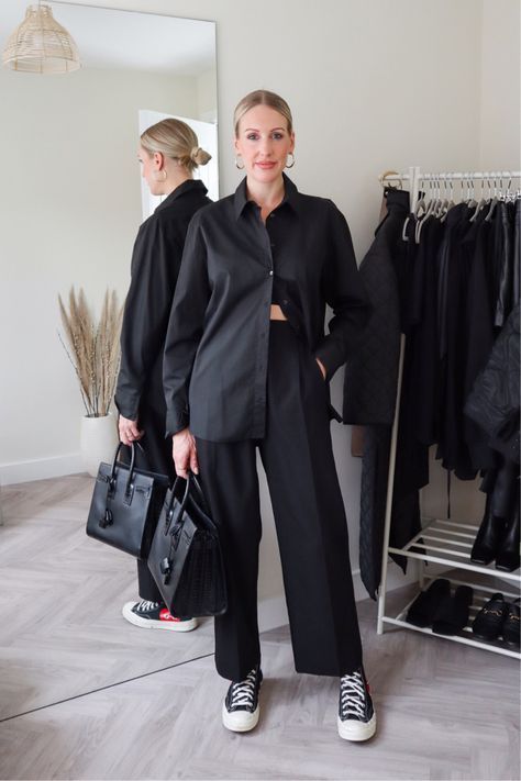 Black Wide Leg Pants Outfit Converse, Black Shirt Outfit Inspo Women, Black Trousers Converse Outfit, Black Shirt Aesthetic Outfit, Black Top And Black Pants Outfit, Oversized Black Pants Outfit, Oversized Black Satin Shirt Outfit, All Black Trousers Outfit, All Black Oversized Outfit