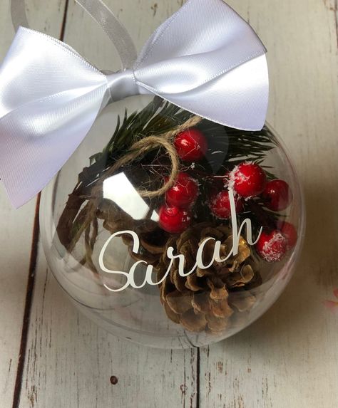 Clear Baubles Ideas, Clear Christmas Ornaments, Glass Christmas Baubles, Fairy Silhouette, Miss You Gifts, Fairy Jars, Christmas Hanging, Family Names, Christmas Tree Baubles