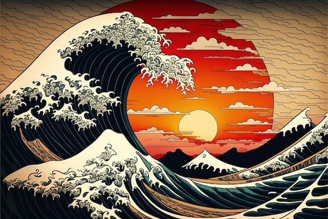 Tsunami Painting, Japanese Wave Painting, Hokusai Great Wave, Minimalist Anime, Sun Background, Japanese Background, Japanese Pop Art, Japanese Wave, Wave Illustration