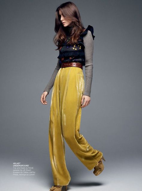 Velvet Pants Outfit, Tatler Magazine, Yellow Trousers, Fendi Sweater, Fall Fashion 2016, Jill Stuart, Velvet Fashion, Velvet Pants, The Times