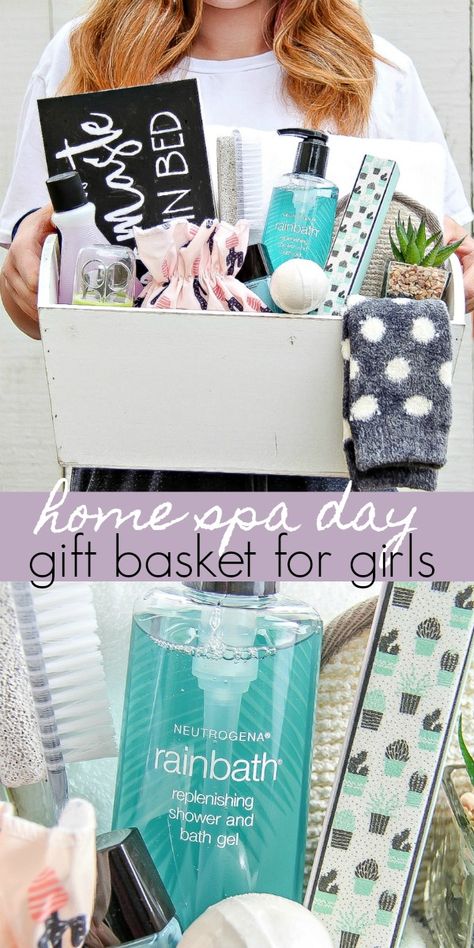 #AD Give the gift of pampering and a home spa day for tween girls, teens, or the lady in your life. They will love these ideas. #RelaxWithRainbath #IC Home Spa Gift Basket Ideas, Spa Day Basket Ideas, Spa Day Gift Basket Ideas, Birthday Ideas For Teens, Diy Spa Gifts Baskets, Spa Baskets, Movie Basket, Random Diys, Teen Diy