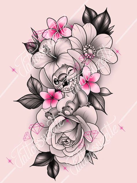 Stitch Flower Tattoo, Disney Stitch Tattoo, Lilo And Stitch Tattoo, Disney Sleeve Tattoos, Stitch Tattoo, Dope Tattoos For Women, Tattoo Style Drawings, Rose Tattoo Design, Badass Tattoos