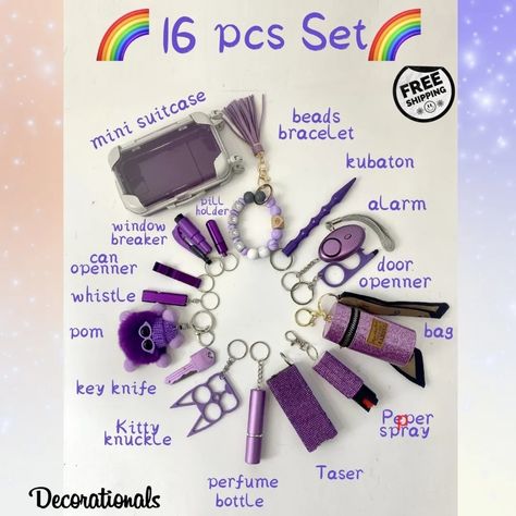 💜 Empower Yourself with Our 16-Piece All Purple Mini Suitcase Safety Keychain Set! 💪 Stay safe and stylish with our ultimate self-defense keychain set, designed specifically for women! 💁‍♀️ This 16-piece set includes: Mini suitcase keychain Sparkling heart charm Taser Bracelet Love Pompom charm Self-defense stick Whistle Window breaker Pepper spray Cat finger charm Door opener Alarm Perfume bottle charm Bottle opener Key knife Lipstick bag charm FREE SHIPPING for a limited time! 🚚 Don't mi... Knife Lipstick, Bachelorette Slumber Parties, Diy Merch, Key Knife, Safety Gadgets, Diy Safety, Safety Keychain, Mini Suitcase, Defense Keychain