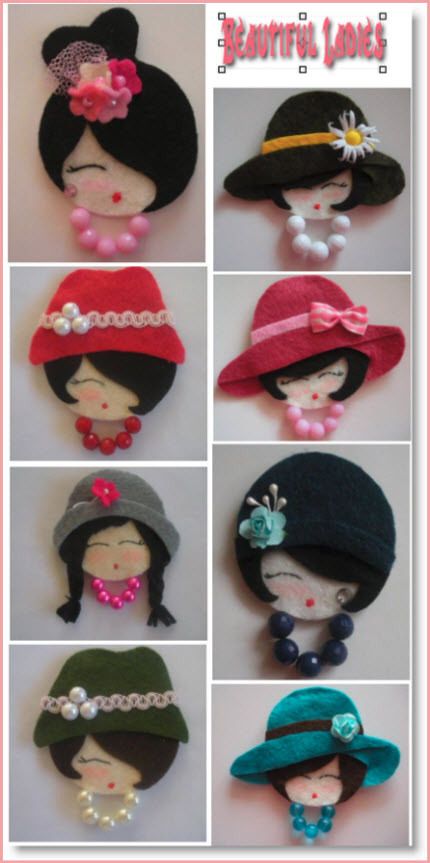 Adorable idea, felt ladies' heads. This site suggests making them the size of CDs and adding a pocket on the back for secrets, messages or special items. Doll Brooch, Cd Crafts, ดินปั้น Polymer Clay, Mode Crochet, Felt Jewelry, Felt Patterns, Felt Brooch, Felt Diy, Felt Dolls