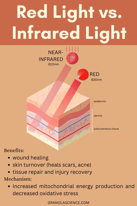 What is the difference between red light therapy and infrared light therapy? They penetrate your tissue to a different depth, but both have similar benefits! They can improve skin appearance, reduce acne, help with wound healing, and reduce inflammation. Learn the science behind red light and infrared light over at Granola Science, a holistic nutrition and health resource Infrared Light Therapy Benefits Of, Diy Red Light Therapy, Clinique Acne Solutions Foundation, Light Therapy Benefits, Infrared Therapy, Red Light Therapy Benefits, Infrared Light Therapy, Therapy Benefits, Sensitive Acne Prone Skin