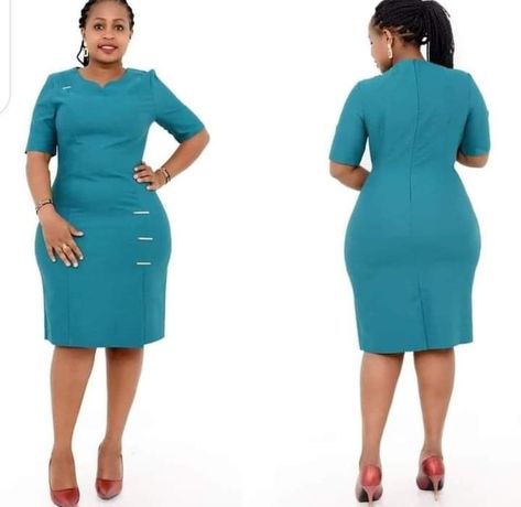 Turquoise green dress with side metallic embellishments. Official Outfits For Women Dress, Office Wear For Plus Size Women, Latest Office Dresses For Ladies, Office Dress Style Work Wear, African Office Wear, Office Dresses For Women Work Attire, Dresses For Work Business, Official Dresses For Work, Office Outfits Women Plus Size