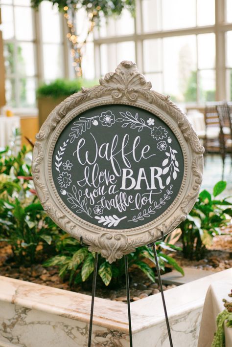 Waffle Bar Wedding Receptions, Waffle Wedding Bar, Bridal Shower Waffle Bar, Waffle Bar Bridal Shower Ideas, Waffle Bar Wedding, Breakfast Bar Wedding, Morning Wedding Ideas, Waffle Bar Sign, Waffle Wedding