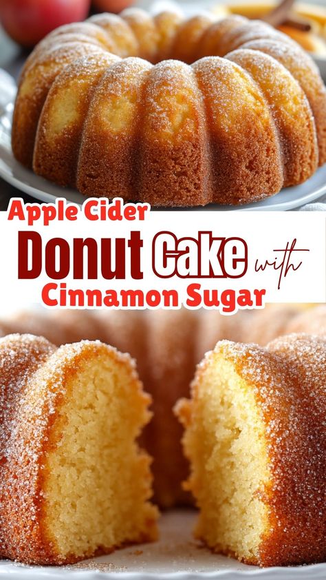 Apple Cider Donut Cake with Cinnamon Sugar Apple Cider Donought Cake, Apple Cider Donut Pound Cake, Apple Cider Spice Cake, Apple Cider Cake Donuts Recipe, Apple Cider Cake Recipe Easy, Apple Cider Donut Bread, Apple Cider Baking Recipes, Apple Cider Cake Recipe, Baked Apple Cider Donuts Recipe