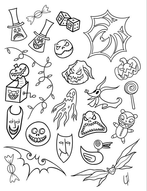 Mini Jack Skellington Tattoo, Flash Tattoos For Beginners, Nightmare Before Christmas Finger Tattoo, Horror Movie Tattoo Flash Sheet, Tattoo Stencils Flash Sheet, Nightmare Before Christmas Matching Tattoos, Movie Tattoo Flash Sheet, Basic Flash Tattoo, Subtle Nightmare Before Christmas Tattoo