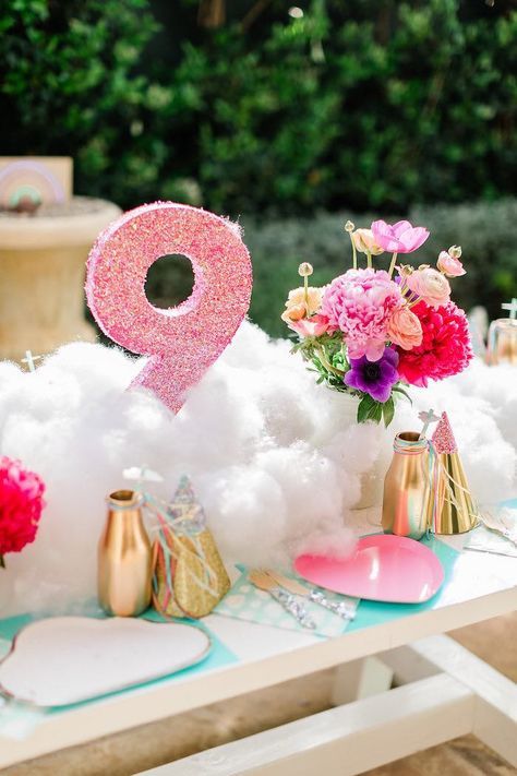 Cloud-inspired Guest Table Setup from a Cloud-inspired Guest Table from a "Cloud Nine" Rainbow 9th Birthday Party on Kara's Party Ideas | KarasPartyIdeas.com (31) Cloud 9 Table Decorations, Cloud 9 Party Decorations, Cloud 9 Birthday Decorations, Birthday Theme For 9 Year Girl, Nine Year Old Girl Birthday Party Ideas, Cloud 9 Birthday Party Ideas Food, Cloud 9 Birthday Party Ideas Girl, 9 Year Birthday Party Theme Girl, 9 Year Birthday Party Theme