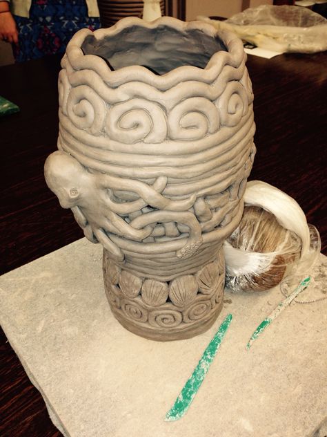 Coil pot I made last year in art. 2015 Coil Building Pottery, Creative Coil Pots, Coil Mug Ceramics, Exposed Coil Pots, Coil Pottery Vase, Coil Lantern, Coil Pot Ideas Ceramics, Ceramics Coil Projects, Coil Pot Ceramics