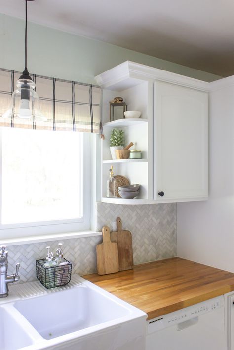 cafe curtain Cabinets Around Kitchen Window, Kitchen Window Between Cabinets, Small Shelves By Kitchen Window, Kitchen Cabinets Window, Kitchen Ideas With Window Over Sink, Cabinet Over Sink, Shelves By Kitchen Sink Window, Shelves Over Kitchen Window, Kitchen Open Shelves Corner