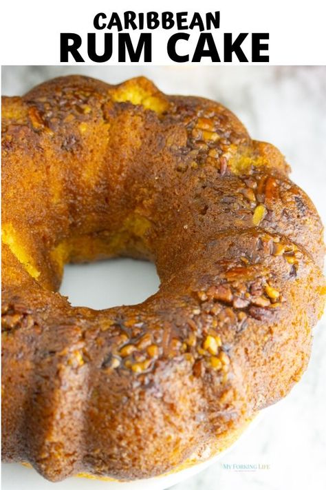 This Golden Caribbean Rum Cake is the perfect blend of rum and sweetness. Made with Caribbean rum, boxed cake, and vanilla pudding. It's so easy and delicious. #rumcake #holidaycakes Bacardi Rum Cake Recipe, Tortuga Rum Cake, Caribbean Rum Cake, Bacardi Rum Cake, Banana Pecan Bread, Rum Cake Recipe, Sweet Potato Pecan, Bacardi Rum, Caribbean Rum