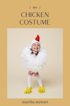 Why did the chicken cross the road? To go trick-or-treating of course. This funny costume is made from two tickly feather boas ordinary kitchen gloves tights and a pilot's cap that's crowned with a felt comb. Under the plumage two leotards are stuffed with batting for extra plumpness. #marthastewart #diyideas #crafts Farm Animals Halloween Costumes, Chicken Costume Kids, Animal Costumes Diy, Best Toddler Halloween Costumes, Baby Chicken Costume, Farm Costumes, Farm Animal Costumes, Animal Costumes For Kids, Sibling Halloween Costumes