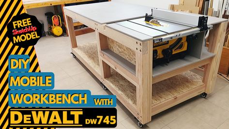 Currently i´m building my workshop interior and decided to build myself an out feed table/assembly/workbench to incorporate my Dewalt DW745 table saw. I designed It with sketchup program and build it using 12  10cmx5cm framing wood pine, 1 sheet of 16mm grey Valchromat for the top and 1 sheet of 12mm OSB for the bottom top. The total cost was around 200$ including screws and glue and casters. Size: 234cmx100cmx92cm Diy Mobile Workbench, Workshop Interior, Outfeed Table, Garage Workbench Plans, Workbench Ideas, Table Saw Workbench, Workbench Top, Workbench Designs, Table Saw Stand