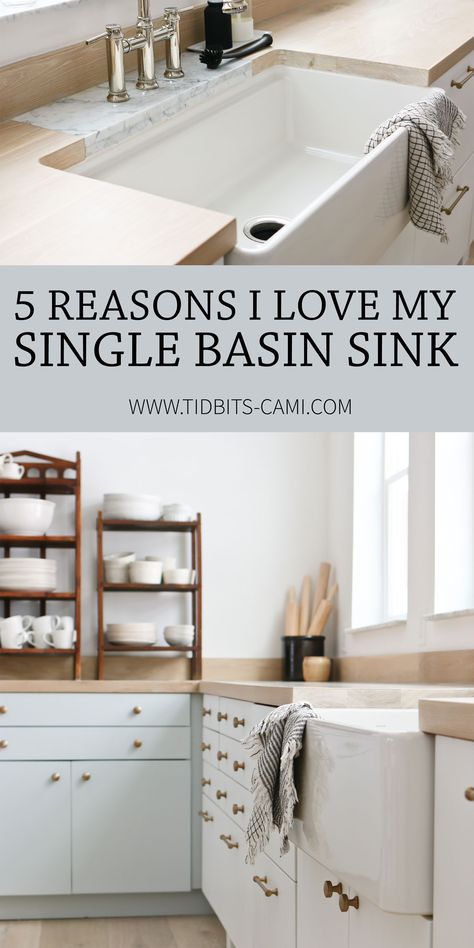 Which is better - a single basin or a double basin sink? Of course it comes down to personal preference, but I am here today to tell you the 5 reasons I ADORE my large single basin sink. Diy Butcher Block Countertops, Remodel Fireplace, Diy Butcher Block, Interior Entrance, Best Kitchen Layout, Interior Farmhouse, Kitchen Cabinet Inspiration, Small Basin, Single Basin Sink