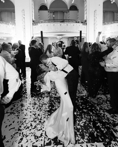 A Midnight Kiss at a Boston New Year’s Eve Wedding✨ Alie and Zach’s winter wedding theme of elegant, moody, classic glam was beautifully brought to life by @bameventsbos. The sophisticated color palette, enriched with gold accents and abundant candlelight, perfectly matched their vision. The photos by @cityluxstudios not only captured the couple’s happiness and the venue’s grandeur but also added a timeless elegance with black-and-white images that embodied the glam of their New Year’s Eve c... Classic Black And White Wedding Party, Black Tie New Years Eve Wedding, Old School Glam Wedding, Black Tie Wedding Winter, Nye Wedding Aesthetic, New Years Wedding Ideas, New Year’s Eve Wedding, New Years Eve Wedding Ideas, Black And White Engagement Party