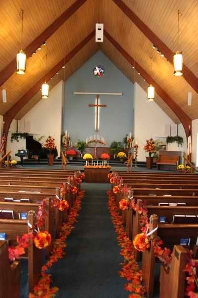 The church - fall wedding maybe without the crazy amount of flowers on the floor but I like the color on the pews Fall Pew Decorations Wedding, Fall Decorations For Church Stage, Fall Church Wedding Decorations, Fall Wedding Church Decorations, Fall Decor For Church Sanctuary, Fall Wedding Aisle Decorations, Fall Church Wedding, Flowers On The Floor, Fall Church Decorations