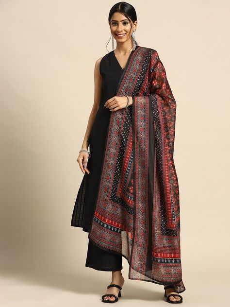 Buy Anayna Women Black Ethnic Motifs Pure Cotton Kurta With Palazzos & Dupatta - Kurta Sets for Women 17351572 | Myntra Indian Dress For Women, Party Wear Dresses Indian, Black Kurti, Cotton Kurta Set, Sleeveless Kurta, Indian Dresses For Women, Ethnic Motifs, Indian Wedding Wear, Designer Kurtis